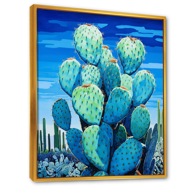 «Cerulean Blue Cactus Collage I», reproduction sur toile, Cadre flottant doré, H 32 po x l 16 po