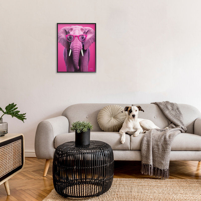 «Vivid Pink Elephant», estampe numérique encadrée par RB, Giclée encadrée noir minuit, H 30 po x l 24 po