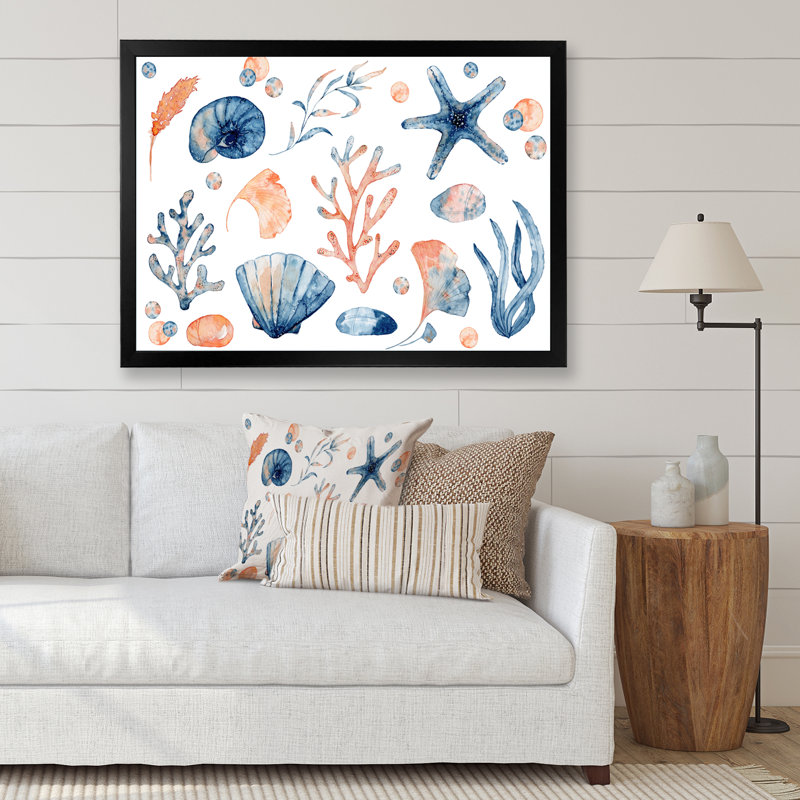 «Blue and Pink Seashells on White», reproduction sur toile, H 16 po x l 32 po x P 1 po, Cadre photo noir
