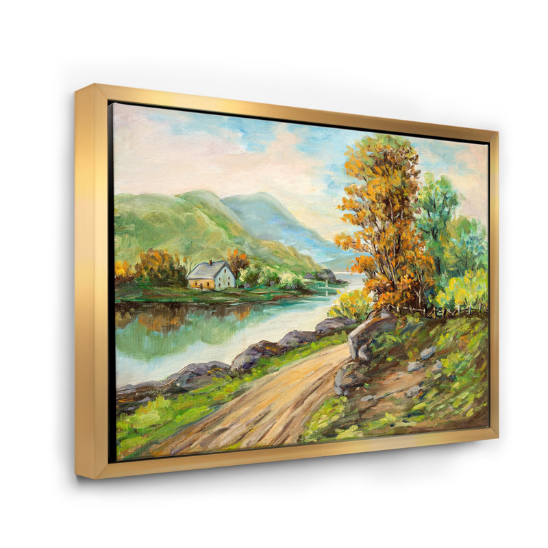 Route de campagne au bord de la rivière - Peinture sur toile, H 30 po x l 40 po x 1,5 po, Cadre flottant doré