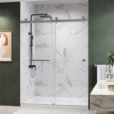 CatalystFP 68"-72"W x 76"H Double Sliding Frameless Shower Door in Brushed Nickel with 3/8" Clear Glass