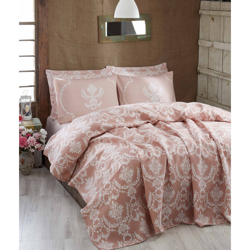 Premium Single Pique Bedspread, 63 x 93, Powder & White | 100% Cotton, 280 GSM | Machine Washable at 86°F | Soft, Durable, Perfect for Cozy Bedrooms & Stylish Décor | Lightweight & Breathable Fabric