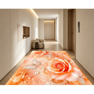 Tapis papillon surdimensionné à motif de roses, motif floral pêche orange, design artistique, tapis antidérapant, décoration intérieure pour le salon, la chambre, le vestibule, la cuisine et le balcon