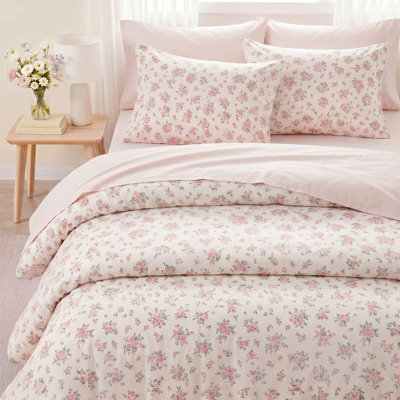 Pink Floral Duvet Cover Set Queen Size, 100% Cotton Blush Rose Printed Bedding, Coquette Cottagecore Aesthetic, 3-Piece Soft Breathable Floral Set with 2 Pillowcases