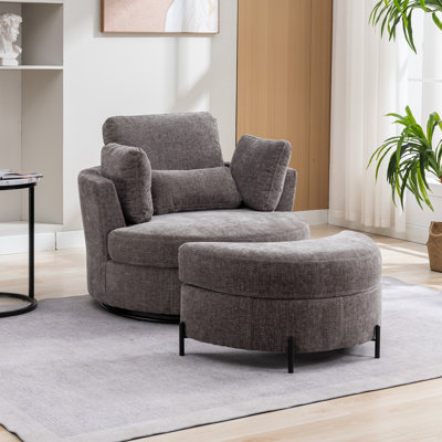 Kavonta Upholstered Slipcovered Swivel Barrel Chair with Ottoman