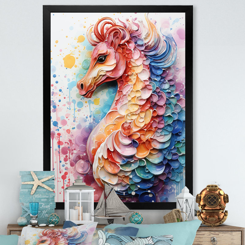 Hippocampe rose, élégance océanique - Hippocampe, art mural, Cadre simple noir, H 40 po x l 30 po x P 1,5 po