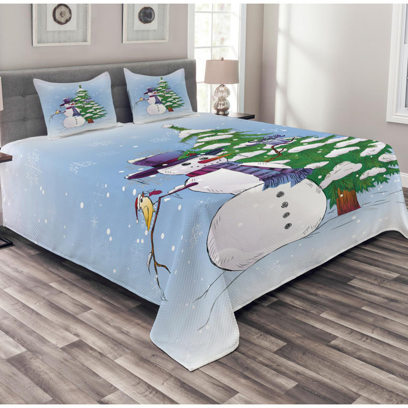 Blue Microfiber Queen Quilted Bedspread Set with Snowman Design
