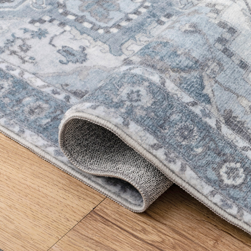 Tapis antidérapant Sersi Ornate, Bleu gris / crème, Rectangle 8' x 10'