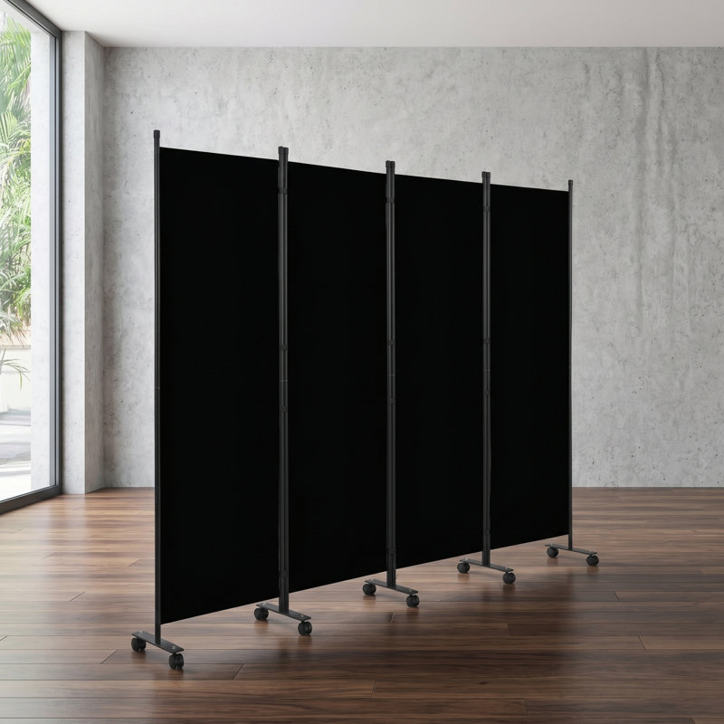 Cloison de 6 pieds sur roulettes verrouillables ECOMCGEIO, base en métal épaissie, cloison murale autoportante pliable en tissu noir à 4 panneaux pour la séparation des pièces