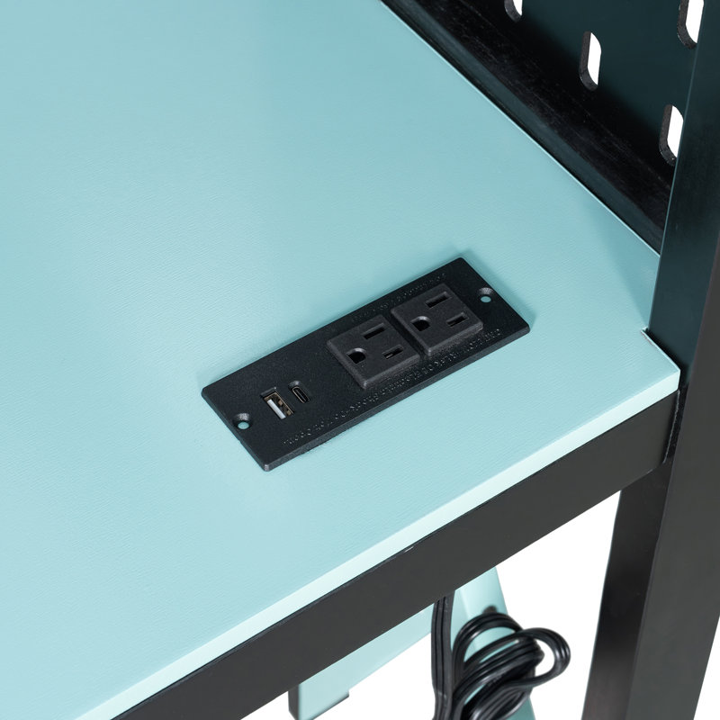 Full-Size Wood Loft Bed with Desk, Shelves, USB/Type-C Ports & RGB Light – Gaming & Study Loft, Black+Blue, Blue
