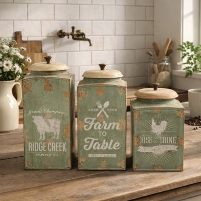 Storage Canister Jars With Wood Lids Set Of 3, Farmhouse Galvanized Iron