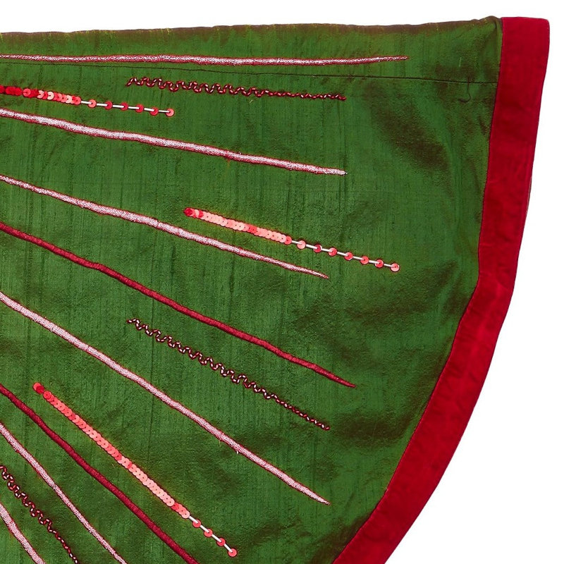 Handmade Christmas Tree Skirt in Green Silk - Hand Beaded Starburst - 60"