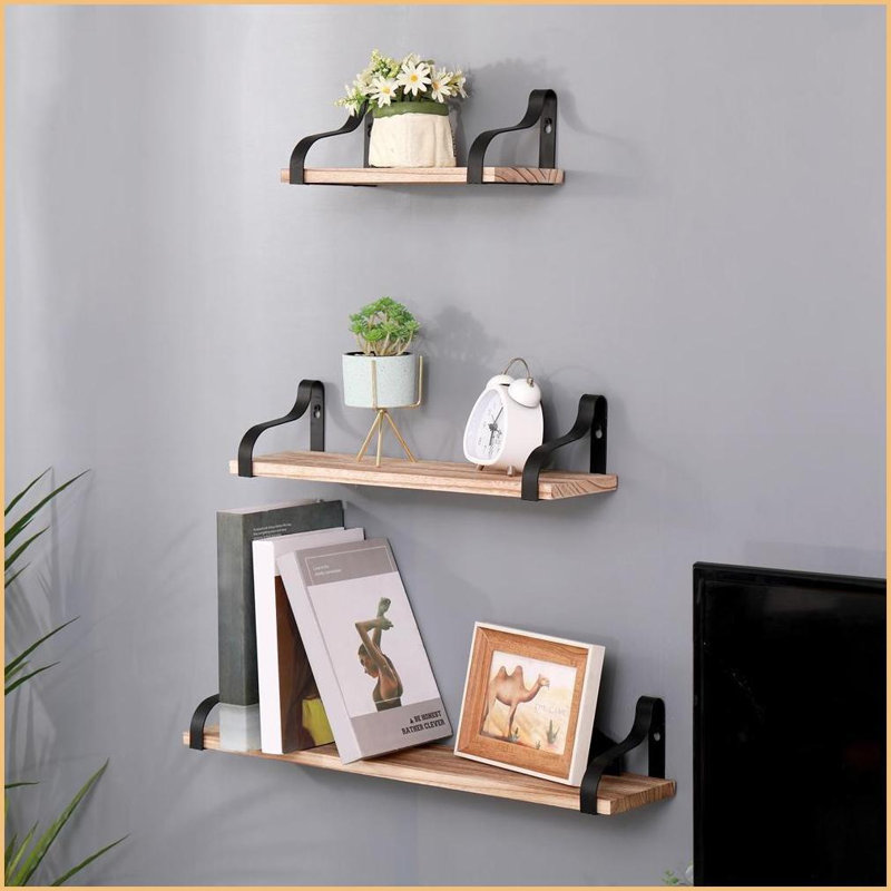 Floating Shelves Set of 3, Rustic Natural Wood Wall Mounted with Metal Brackets | Natural Wood | Metal &amp; Wood