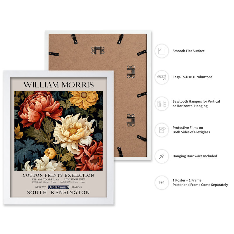 William Morris - Peony No1, Poster, 12"H x 16"W, White Framed