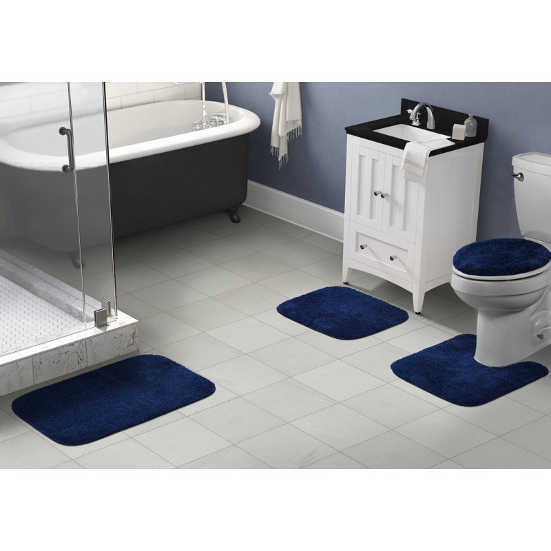 Ensemble de tapis de bain en nylon 4 pièces avec envers antidérapant Mccluney, Bleu marine