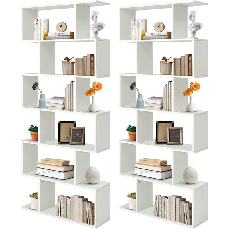 Bibliothèque en bois blanche à 6 niveaux en forme de S - Ensemble de 2 tablettes de rangement et de présentation autoportantes modernes pour la chambre à coucher ou le salon (ensemble de 2)