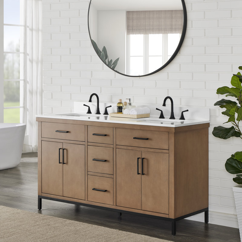 60 In. Double Sink Freestanding Gunny Bath Vanity With Pure White Engineer Stone Top