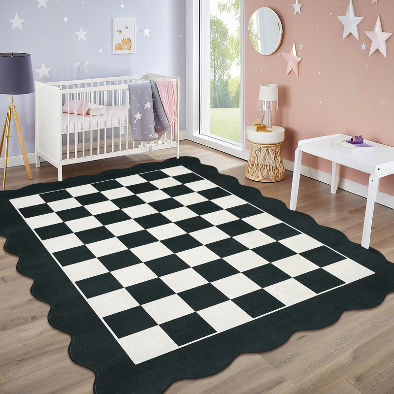 Washable Scalloped Rug Modern Checkerboard Rug Non Slip, Soft Non Shedding Thin Carpet, Indoor Low Pile Foldable Carpet, Contemporary Printed Mat for Living Room Bedroom