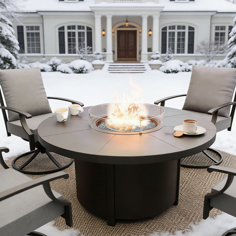 Foyer au propane rond de 48 po, foyer de table en acier, foyers à gaz à allumage automatique de 40000 BTU avec couvercle et verre coupe-vent pour l'extérieur, le patio et la cour