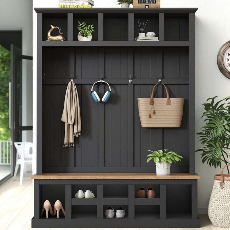 Farmhouse Wooden Style Hall Tree with Wide Storage Seating Bench, Entryway Shoe Cabinet with 13 Compartments – Elegant Coat Rack with 6 Hooks for Mudroom, Living Room, Rustic Organizer with Anti-Tipping