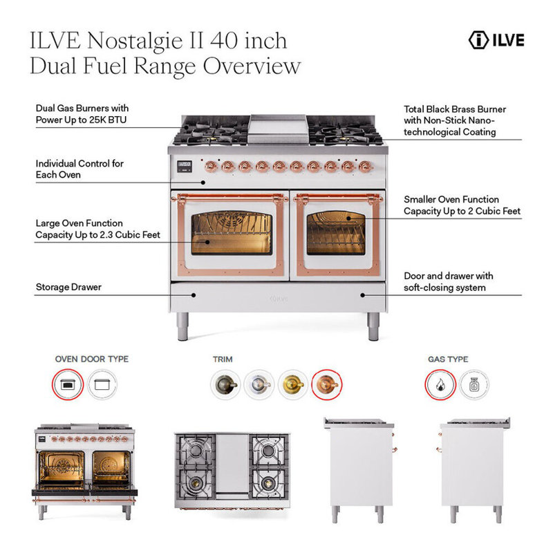ILVE Nostalgie II 40 in Dual Fuel Range, Natural Gas, Stainless Steel/Bronze
