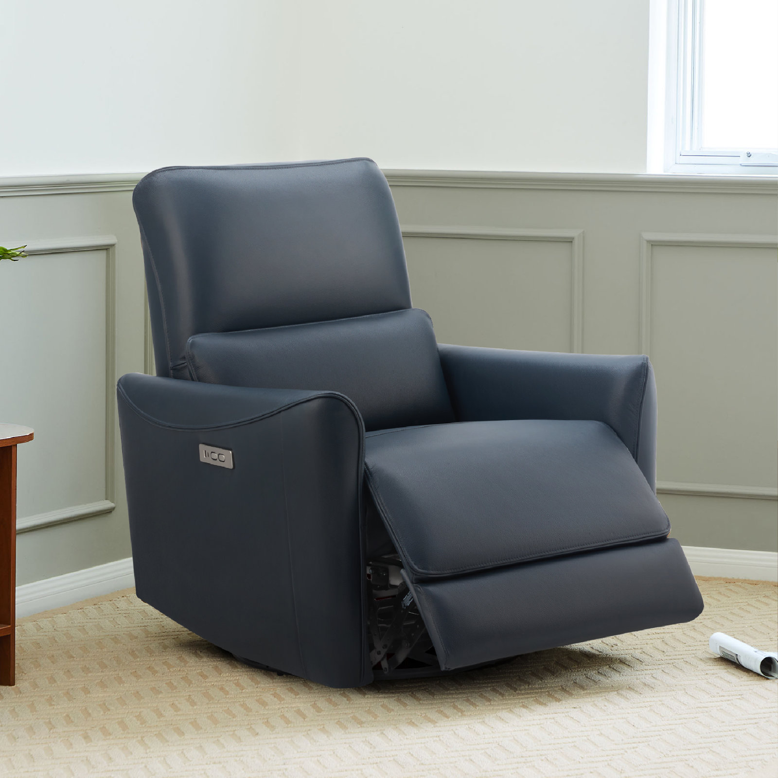 Santo Top Grain Genuine Leather Swivel Power Recliner, Impression Midnight Top Grain Leather