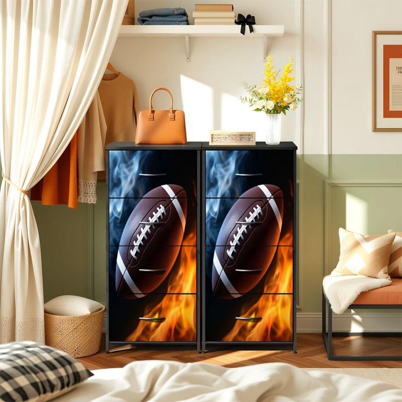 Commode pour la chambre à coucher avec 4 tiroirs de rangement Effet de flammes de football Commode de style dynamique Commode en tissu avec cadre en acier pour vestibule