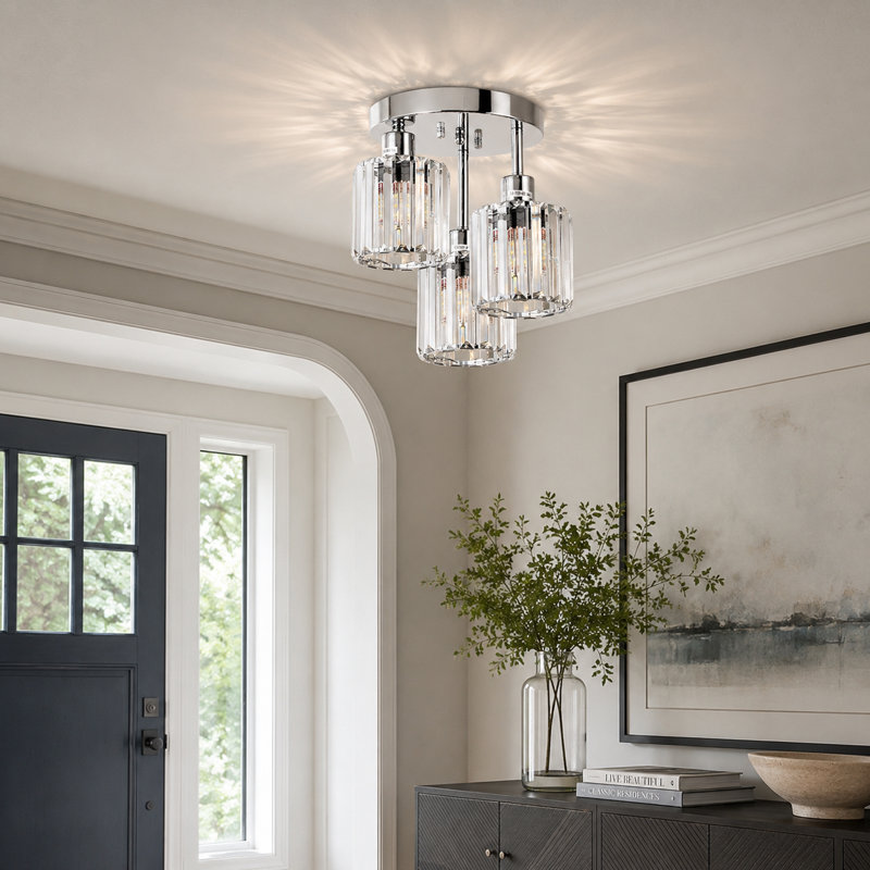 Modern Crystal Ceiling Light Fixtures, 3 - Light Semi Flush Mount Ceiling Light With Clear Crystal Shade, Chrome