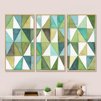 «Geometric Green Triangle III - Mid-Century», ensemble d'art mural sur toile encadré moderne