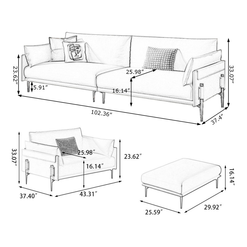 Ensemble de salon en cuir véritable blanc crème 3 pièces