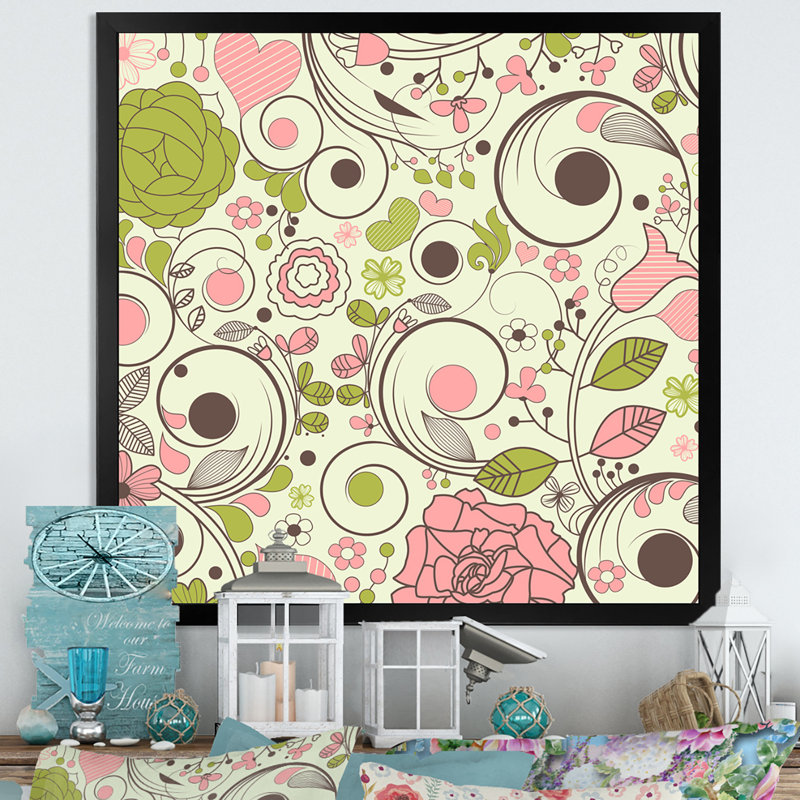 Fleurs rétro en rose et vert - art mural traditionnel sur toile, Impression noire sur toile encadrée