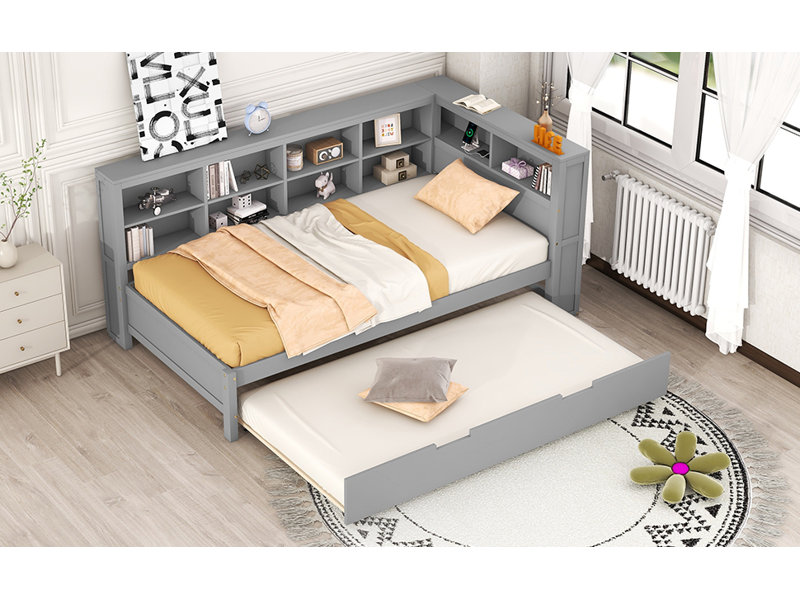 Evermere Modern Daybed with Trundle and USB Charging Station, Gray, Twin