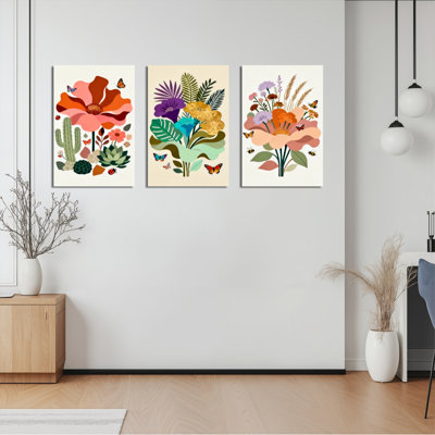 Floral Botanical 印花 元素 图案 和 风格 + 适用 场景 Floral Botanique sur toile tendue, reproduction d'art sur toile, ensemble de 3 pour la décoration de salon