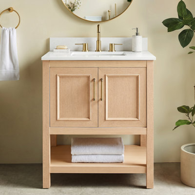 Meuble-lavabo de salle de bain avec plateau en marbre d'ingénierie, armoire de rangement à 2 portes, conception de robinet à 3 trous, style Shaker classique, assemblage facile (24 po / 30 po)