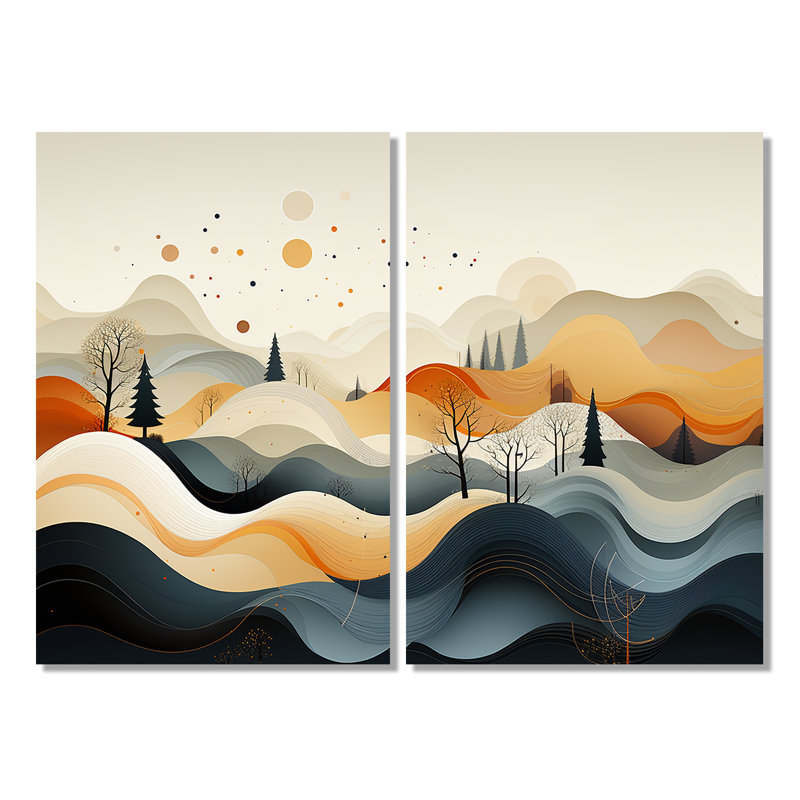 Bleu sarcelle, art au trait, paysage abstrait - art au trait abstrait, art mural, 2 panneaux, 36" H x 48" W, Wrapped Canvas