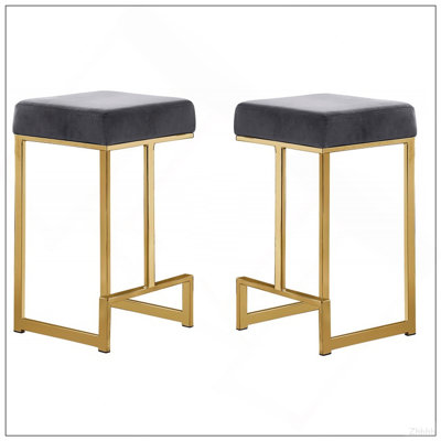 25 in. H Gray Velvet Backless Metal Counter Height Stools with Gold Base (Set of 2)