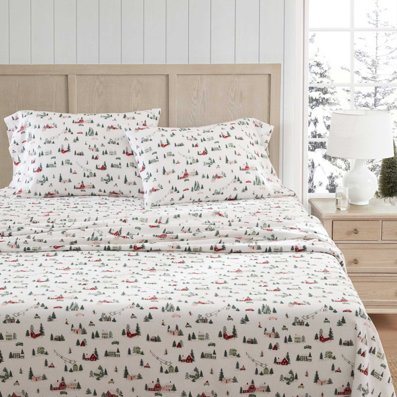 Ensemble de draps en coton Martha Stewart, Ensemble de draps pour lit double avec 2 taies d'o, Village de ski, vert