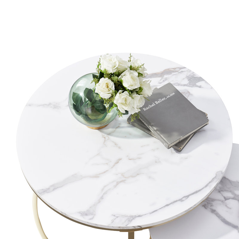 Emmaline Frame 2 Nesting Coffee Tables, White Top/ Light Golden Base, Marble