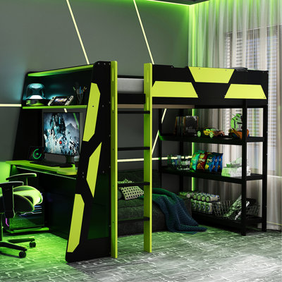 Full Size Loft Bed For Gaming With Side-Mounted Desk, 3 Storage Unit, Power And , Black + Under Storage, Led Lights, - Ideal Gamers Teens