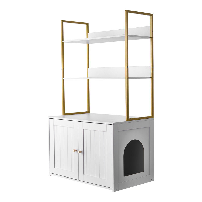 Enceinte de litière pour chat, armoire à litière cachée 27,6 po avec pieds en métal et tablettes de rangement à 2 niveaux, maison de chat imperméable pour chat, convenant à la plupart des bacs à litière, pour le salon