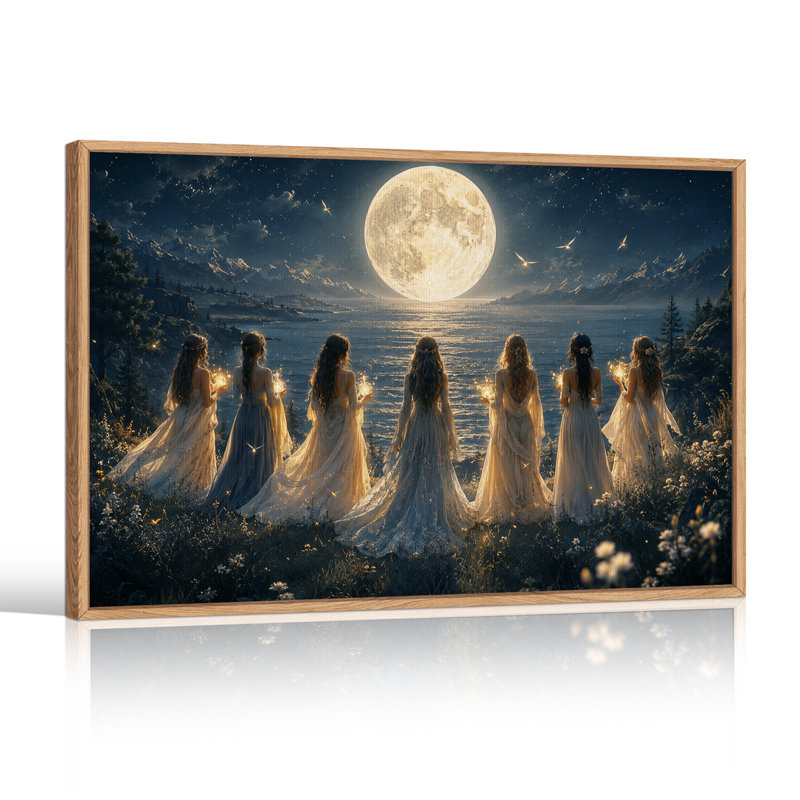 Sept femmes aux lumières scintillantes face à une lune géante - Toile murale d'Halloween, H 24 po x l 36 po