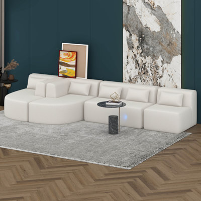 Modular Sectional Sofa, 144" Modern Upholstered Sectional Couch With Double Chaise Lounge, Boucle Fabric 5-Seater Sofas With Pillows