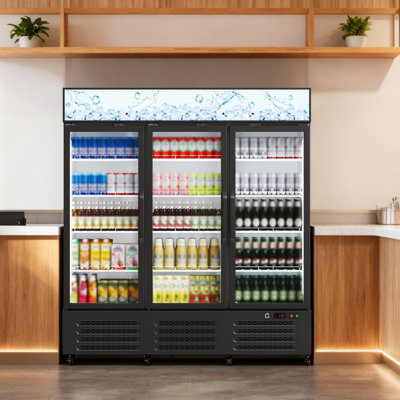 3-Door Commercial Glass Door Display Refrigerator, 39 Cu. Ft. Upright Beverage Cooler with LED Light, Adjustable Shelves, Swivel Castors, Fast Cooling for Stores and Cafes