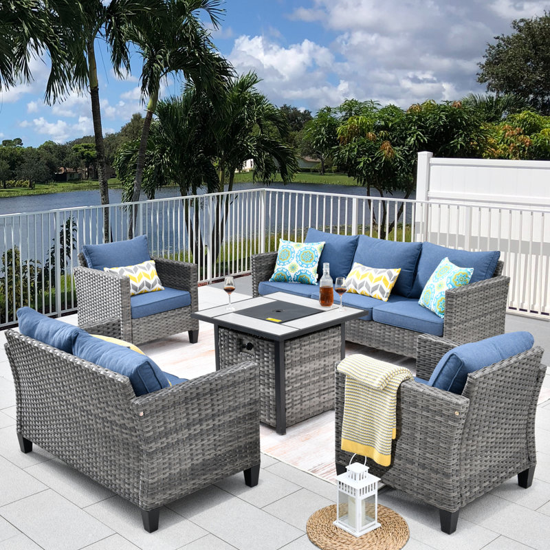 Cracraft 7 - Person Patio Conversation Sets with Cushions, Blue