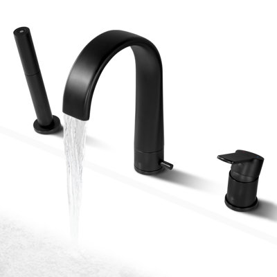 SKOWLL Deck Mount Tub Faucet with Handheld Sprayer, High Arc Bathtub Spout, Widespread Roman Tub Waterfall Faucet 3 Hole, Bathtub Faucet Pull Out Multifunction Handheld Shower, Matte Black