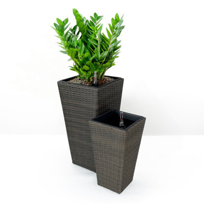 2-Pack Self-watering Planter - Hand Woven Wicker - Square - Expresso
