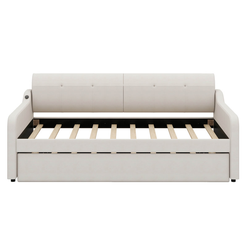 Twin Size Padded Daybed With Handy Trundle And USB Charging Ports, Beige