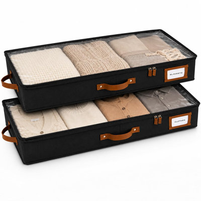 Rangement sous-lit, profil bas, 2 pièces avec couvercle, format compact pour lits et canapés bas, convient aux vêtements de saison, couvertures et chaussures, bacs avec couvercles, rangement peu encombrant, (noir)