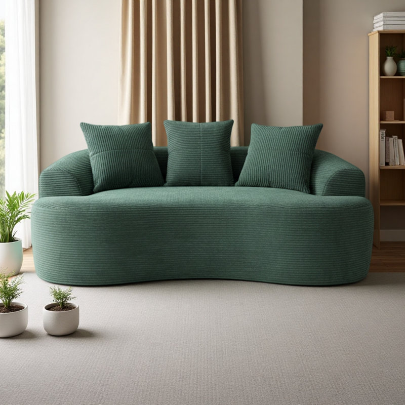 Causeuse incurvée de 65,35 po avec coussins à ressorts ensachés pour petit siège et 3 coussins décoratifs, Vert foncé
