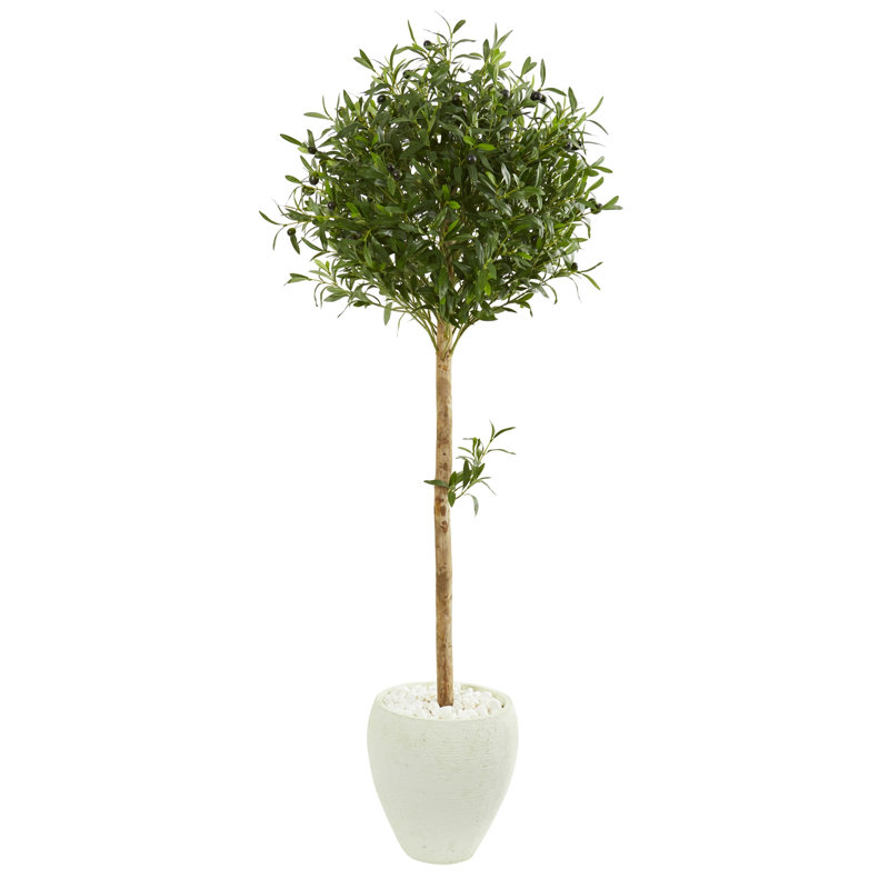 Olive Topiary Artificial Tree in White Planter